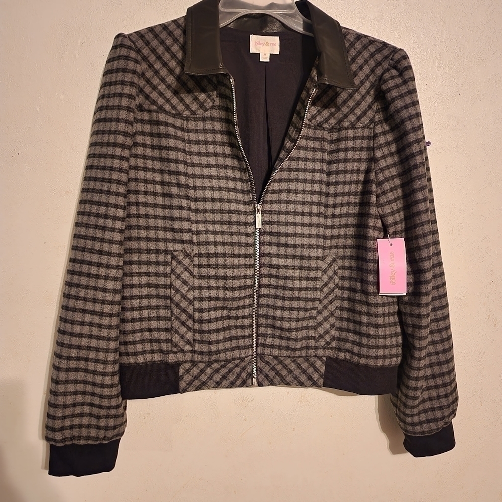 Riley & Rae Gray Plaid Zip-Front Bomber Jacket with Black Collar